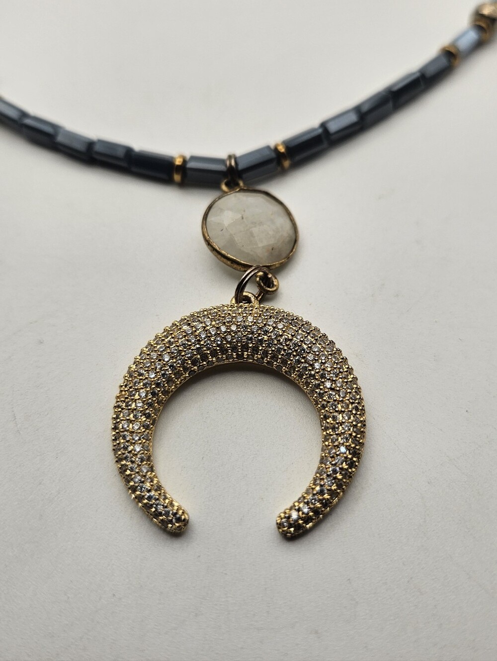 Betsy Pittard Designs Crescent Moon Pendant Necklace Pavé Beaded Gold Tone 19"